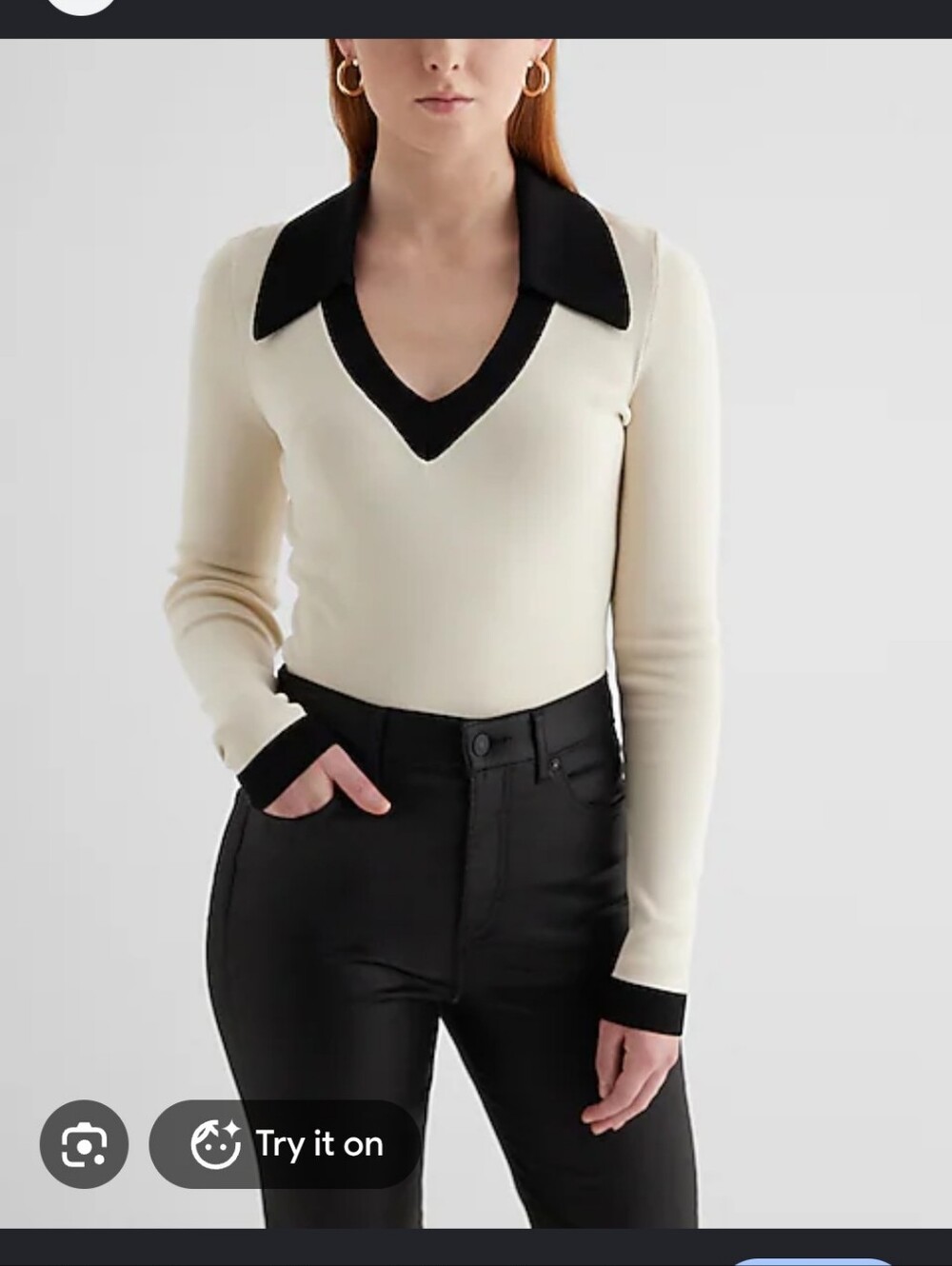 Nwt Express Fitted V Neck Tipped Polo Sweater Silky Soft Small Cream Black S